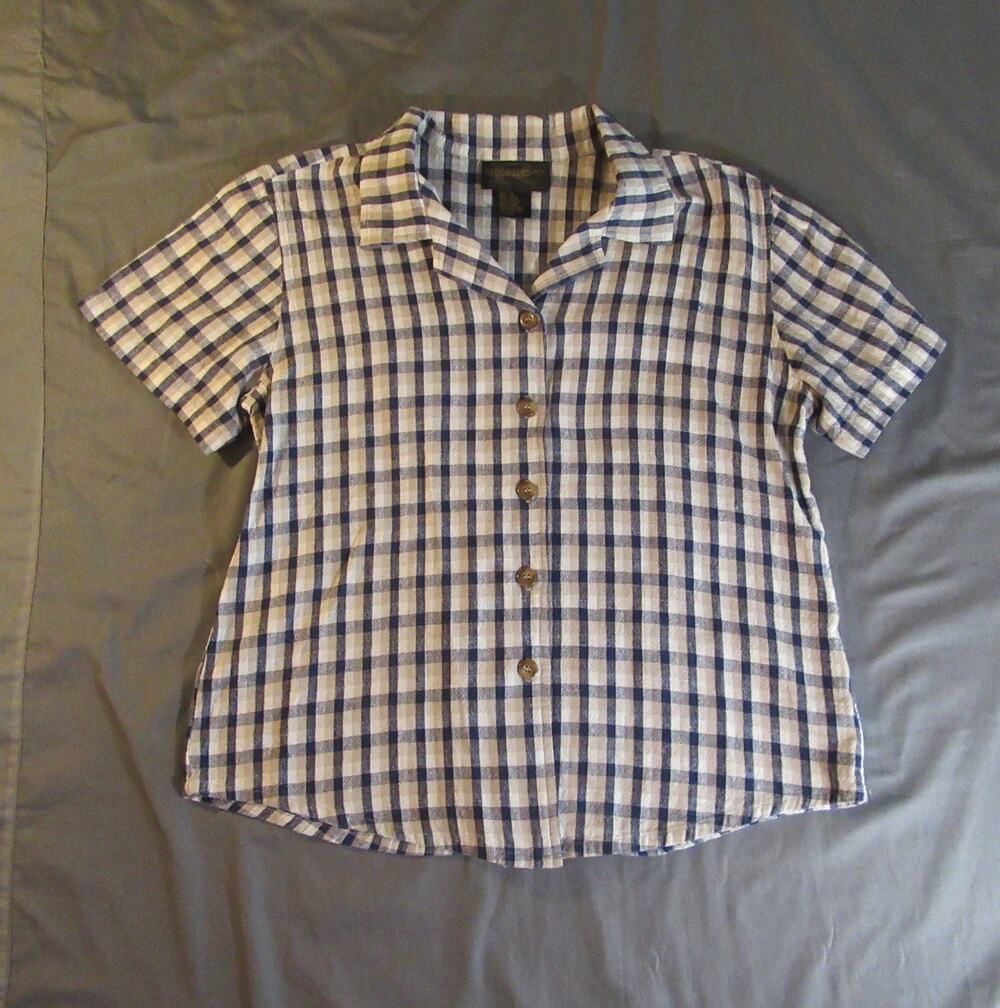 Requirements Linen Blend Women's Blue Plaid Short Sleeve Button Up Top Size 10